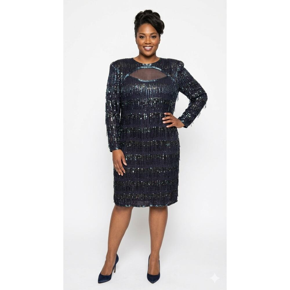 Vintage Joan Leslie Evenings Iridescent Sequin Beaded Silk Dress Plus Size 14